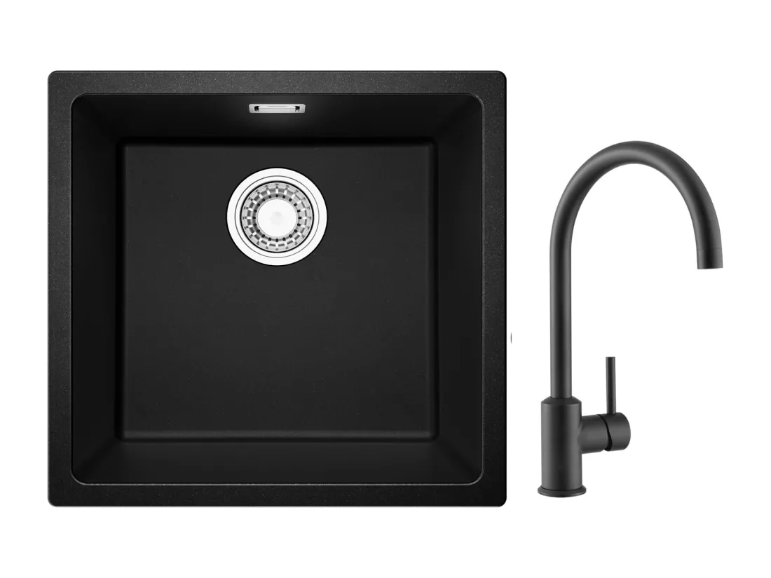 Evier 1 Bac en Quartz et Résine, 3 Options de Montage, 45*44*20cm + Mitigeur de Cuisine en Inox Noir