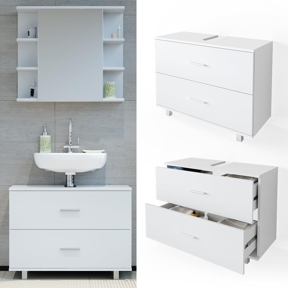 Vicco Waschbeckenunterschrank Weiß Ilias 80x61x33 cm - Unterschrank Badezimmer, Übersichtliche Aufbewahrung durch großzügige Schublade