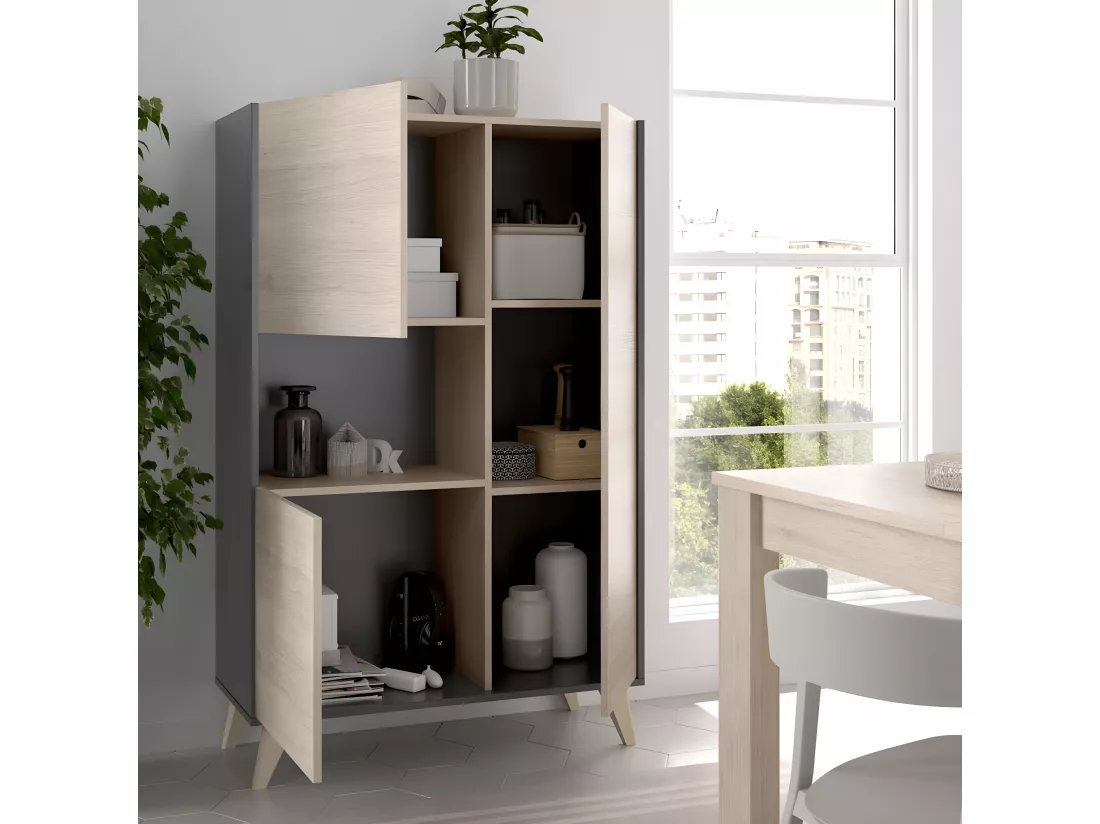Buffet Meuble de rangement 3 portes coloris graphite/naturel - Longueur 81 x Hauteur 135 x Profondeur 43 cm