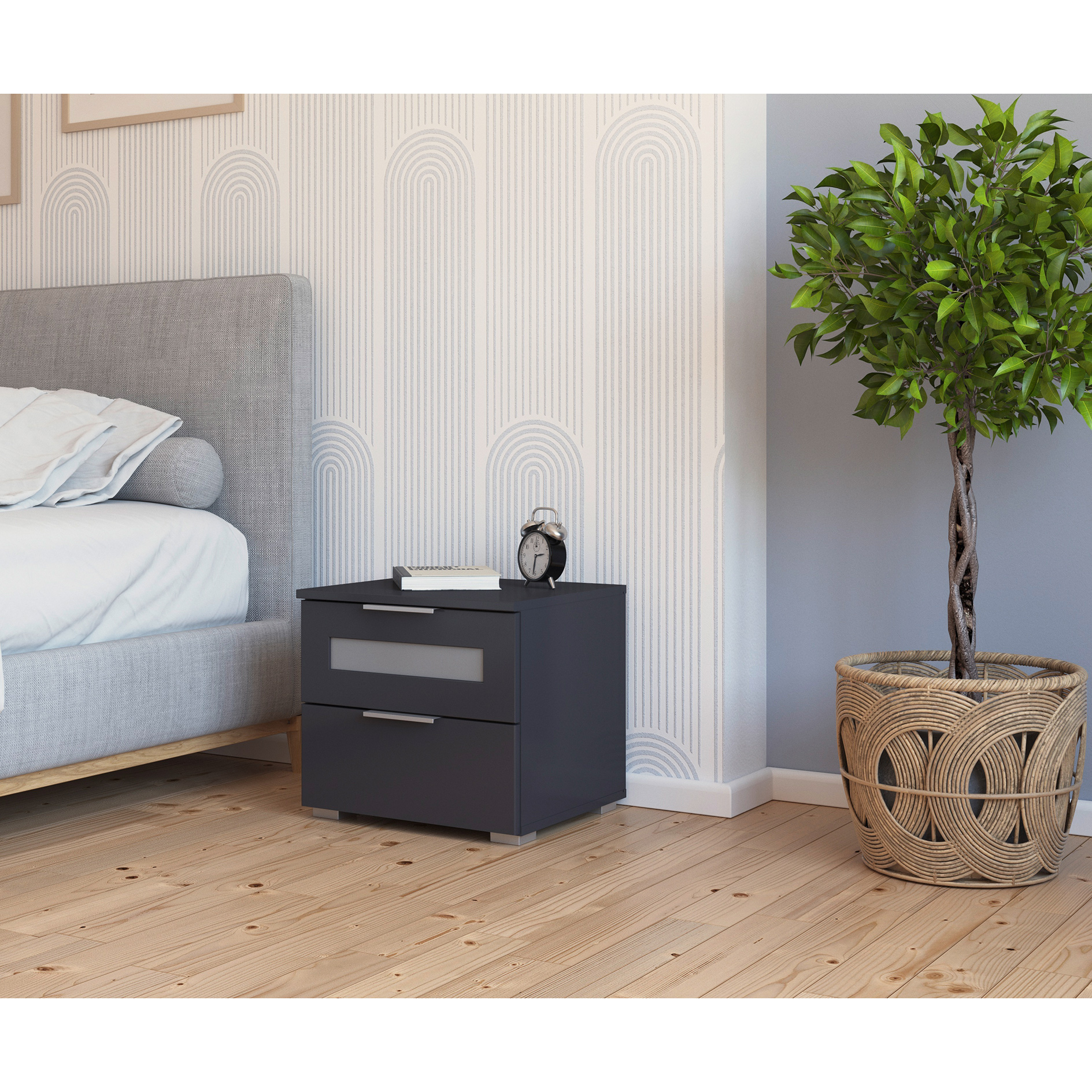 Nachtschrank - grau metallic - Milchglaseinsatz - 47 cm