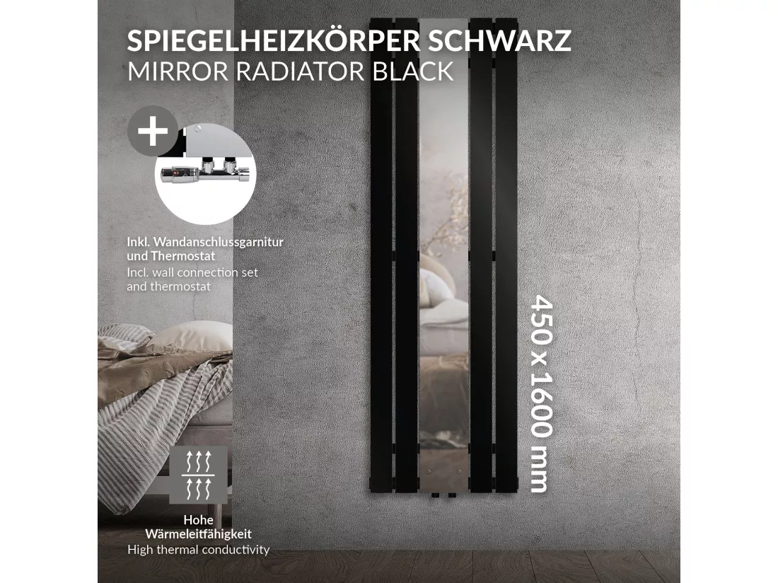 Radiateur plat vertical noir mat 45x160 cm + miroir et kit raccordement d'angle