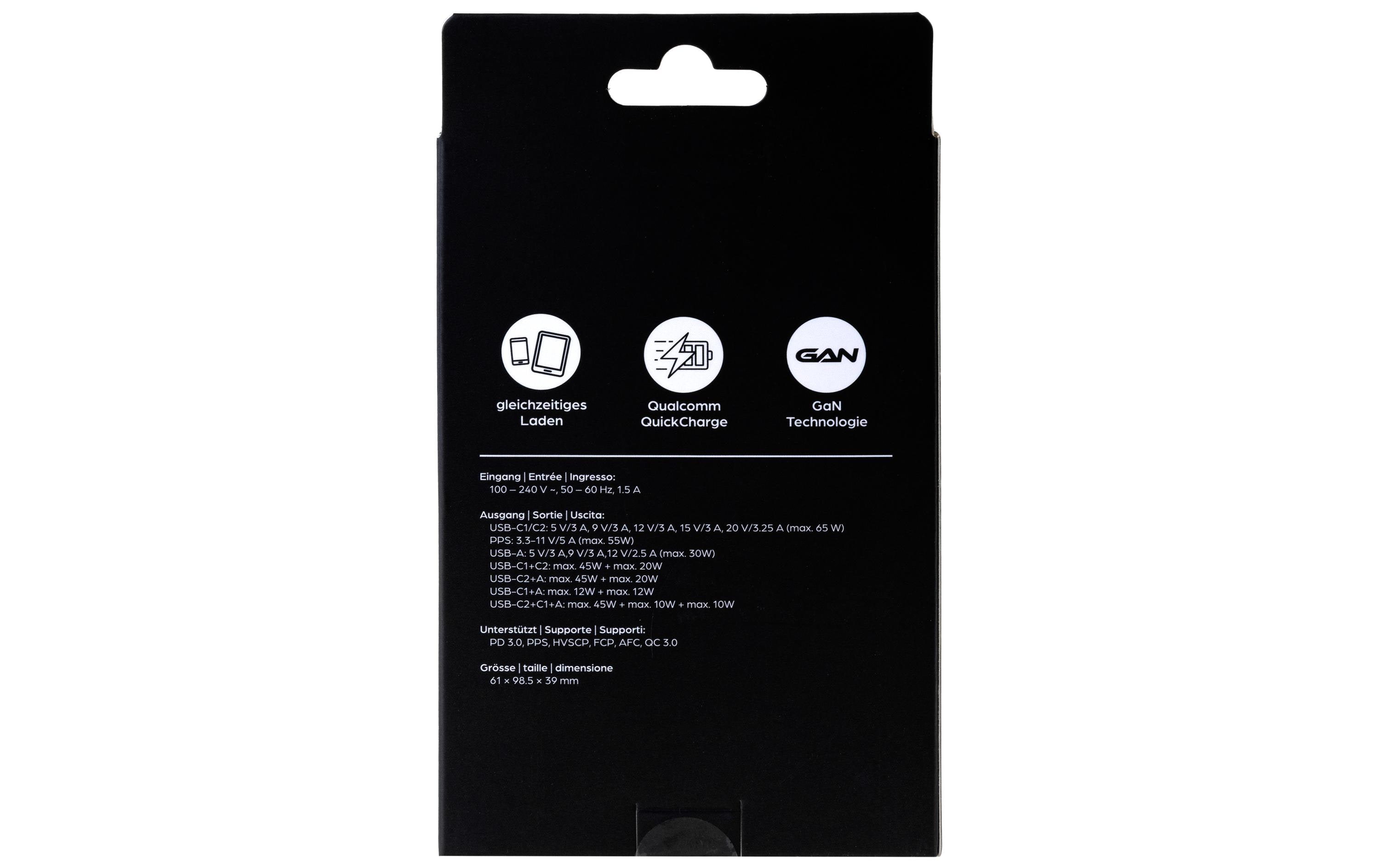 USB-Wandladegerät Triple 2C1A 65 W GaN SchwarzLadeadapter mit zwei USB-C-Ports und einem USB-A-Port