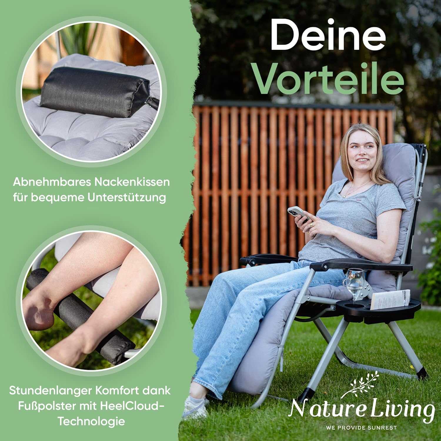 NatureLiving® Sonnenliege Liegestuhl klappbar- Robust, Faltbar & Wetterfest - Gartenliege mit Sonnendach für Garten und Balkon, Klappliege, Balkonliege, Outdoor Liege, Relaxliege, Belastbar 200kg