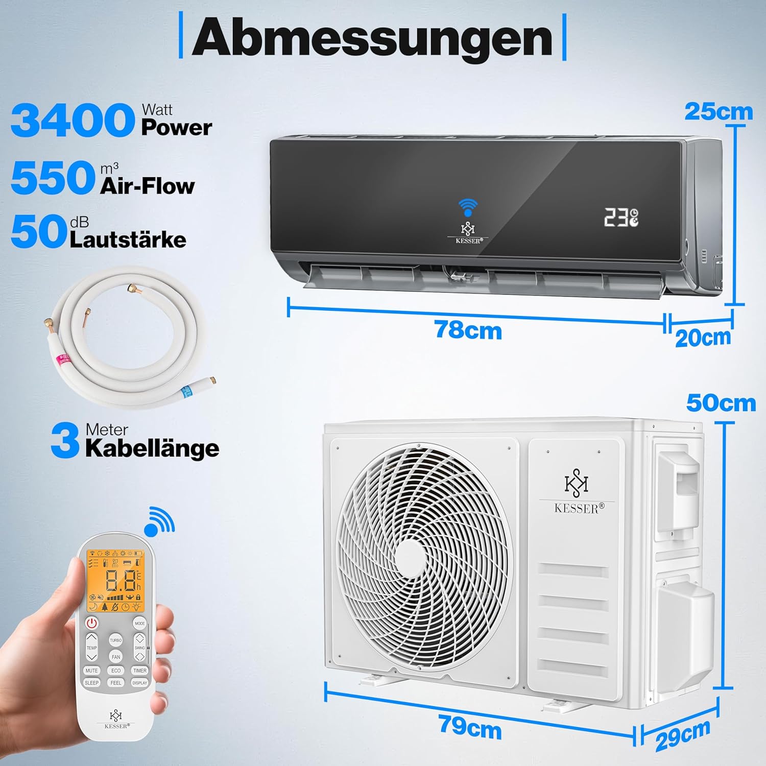 KESSER® Klimaanlage SET Split - mit WiFi/App Funktion Klimagerät - Kühlen A++/ Heizen A+ -12000 BTU/h (3.400 Watt) Sehr Leise, Kältemittel R32 - Fernbedienung, Timerfunktion - Inkl. Montagematerial