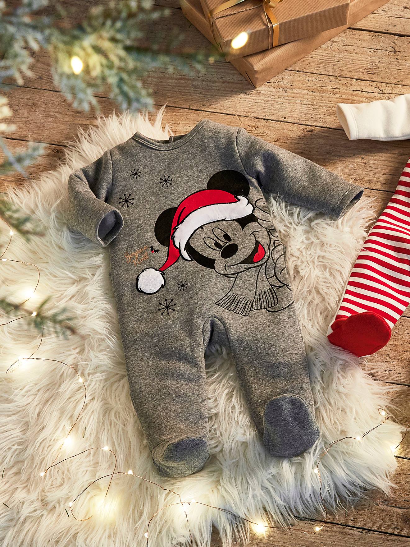 Pijama de Natal DS® Mickey, para bebê menino, cinza médio liso com estampas.