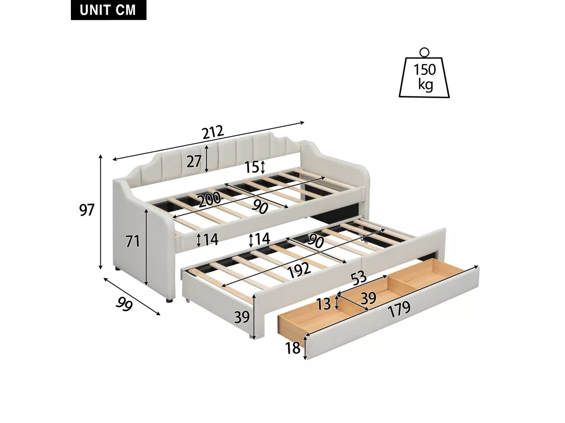 Lit gigogne 90 x 200 cm + 90 x 190 cm avec 3 tiroirs, lit de repos - tissu en cotton lin - coloris beige