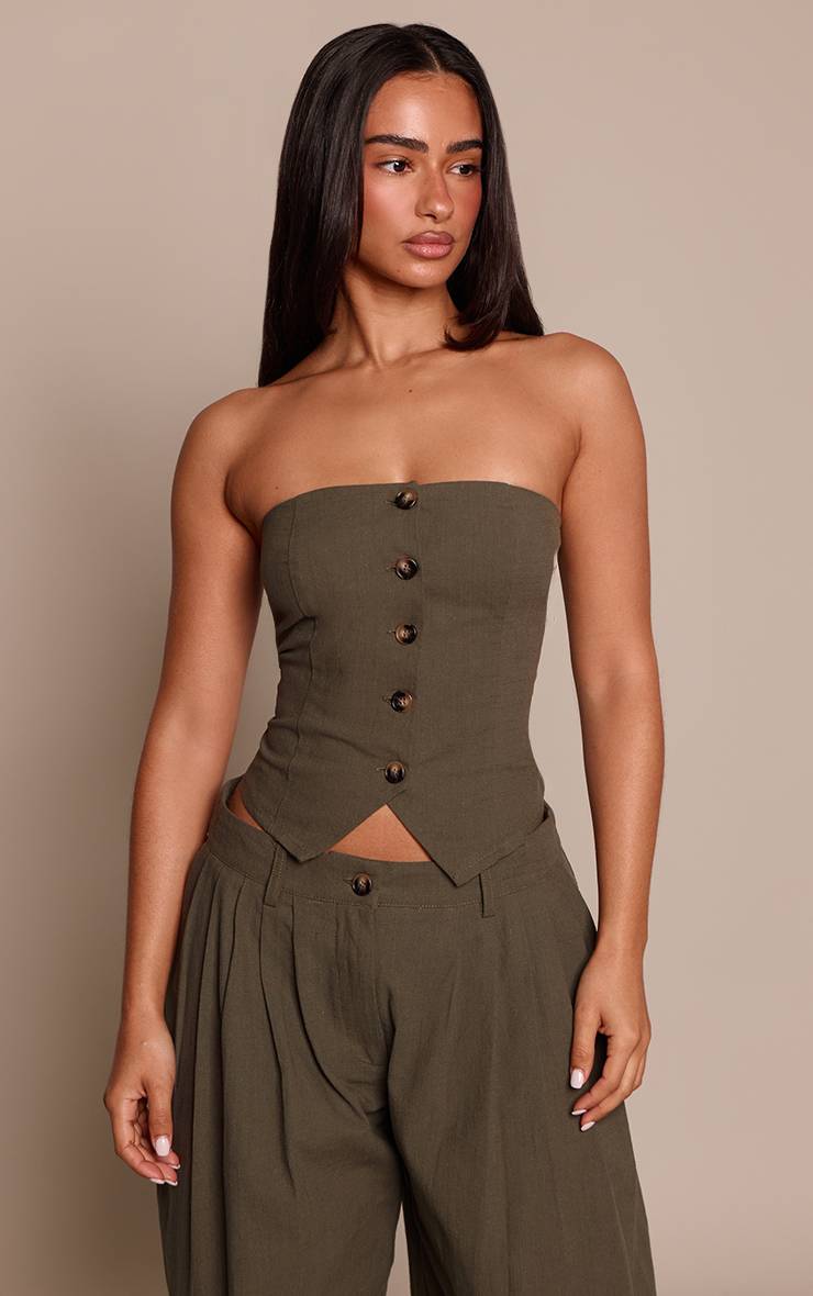 Dark Khaki Haut Bandeau Boutonné Aspect Lin Co-ord Petite
