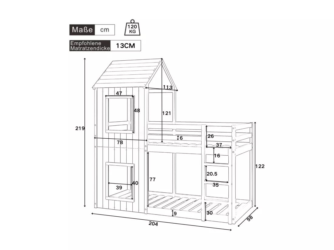 Lits superposés cabane 90x200cm, Pin, avec balustrade de sécurité, charge max 120kg, Gris