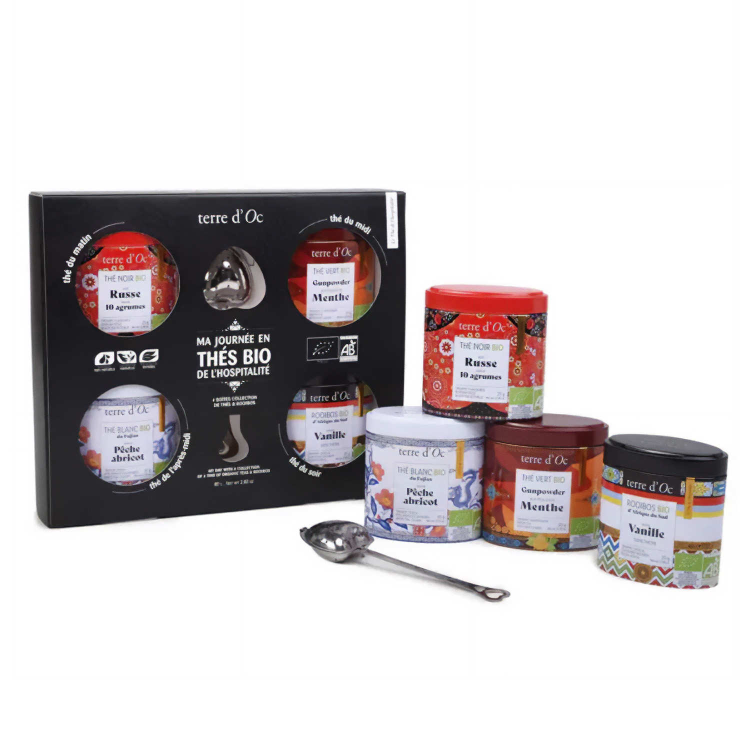 Coffret 4 thés bio pour la journée et cuillère filtre à thé