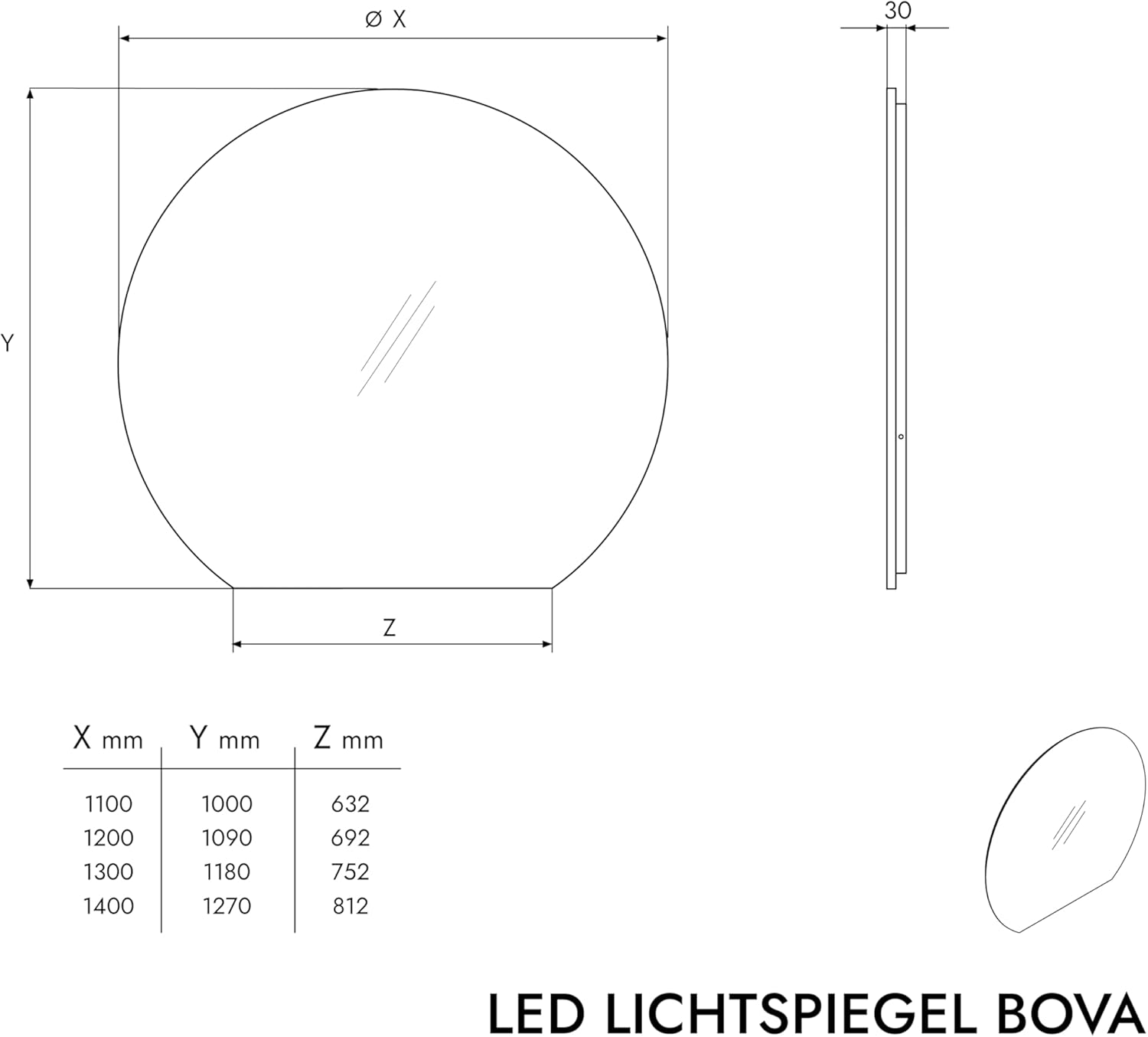 LED Lichtspiegel BOVA 2.0 rund inkl. Spiegelheizung - Größe wählbar, Spiegel rund (Durchmesser):Ø 110cm