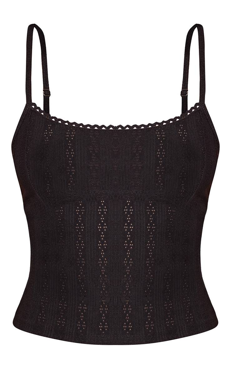 Noir Débardeur Long En Maille Pointelle Avec Détails De Coutures À Bretelles