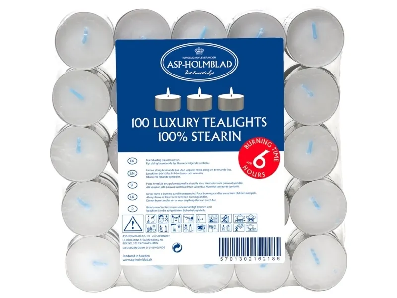 Fyrfadslys Brændetid 6 timer Ø38xH17mm Stearin Hvid,6 pk x 100 stk/krt