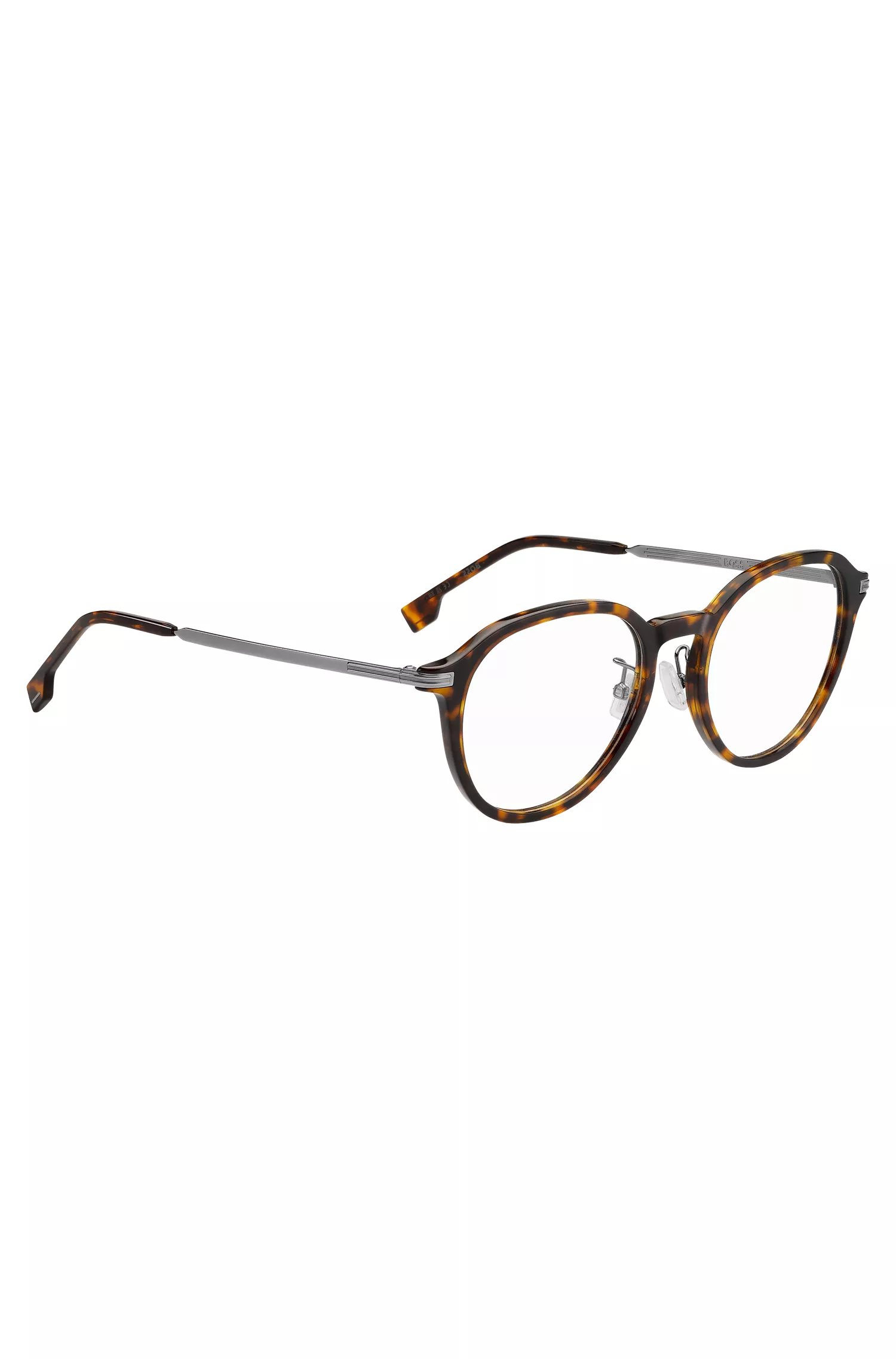 Armação de óculos BOSS em acetato preto Havana com detalhes exclusivos.
