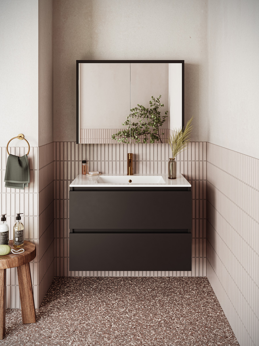 Fontana Rovigo badmeubel 80cm zwart mat met witte wastafel met kraangat en spiegelkast zonder verlichting