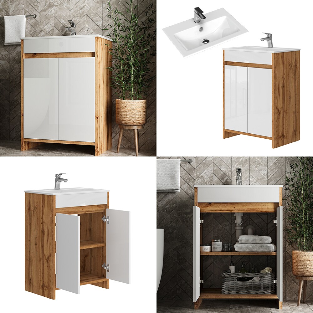 Vicco Waschbecken mit Unterschrank Lemgo Eiche Weiß 60 cm