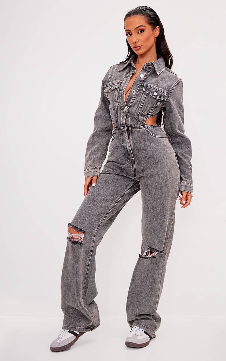 Washed Grey Combinaison En Denim À Découpes Petite Taille