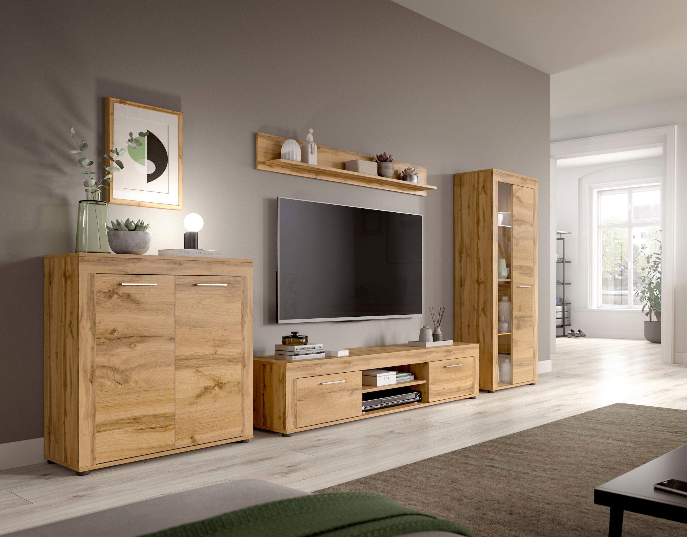 INOSIGN Wohnwand »Aosta, Breite 235cm, bestehend aus Lowboard, Wandboard, Vitrine« 3 Stk. tlg.