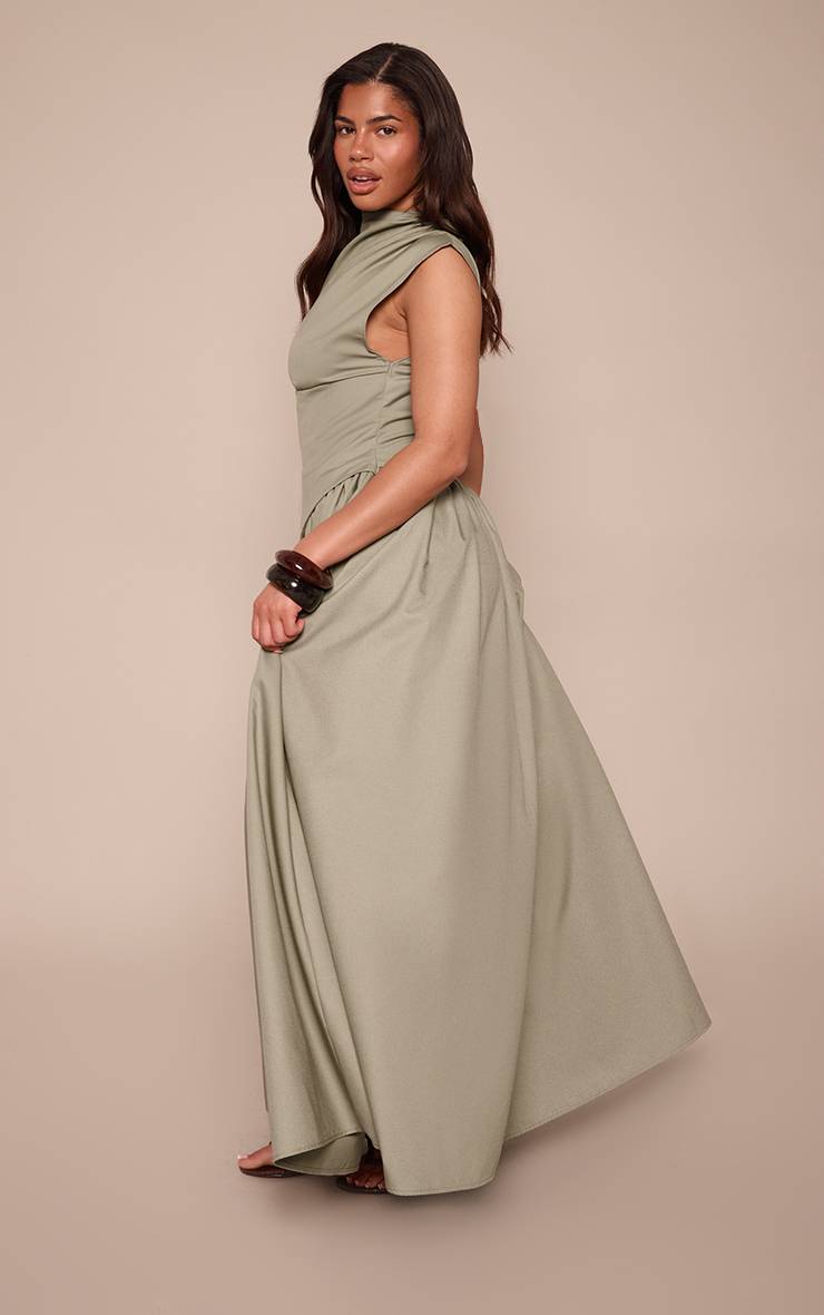 Vert Olive Robe Longue Droite Cintrée À Col Montant Et Corset En Tissu Tissé