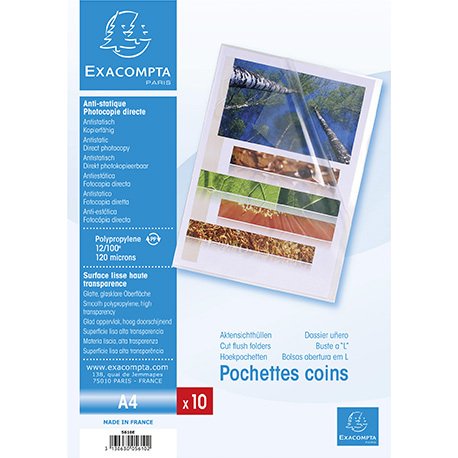 Chemise coin plastique EXACOMPTA A4 polypropylène lisse 12/100e cristal transparente - Paquet de 10
