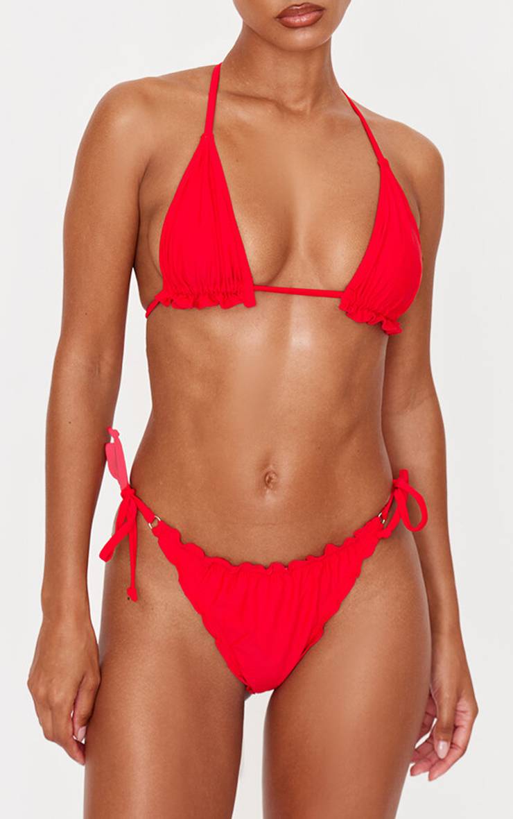 Rouge Bas De Bikini À Volants Et Dos Froncé