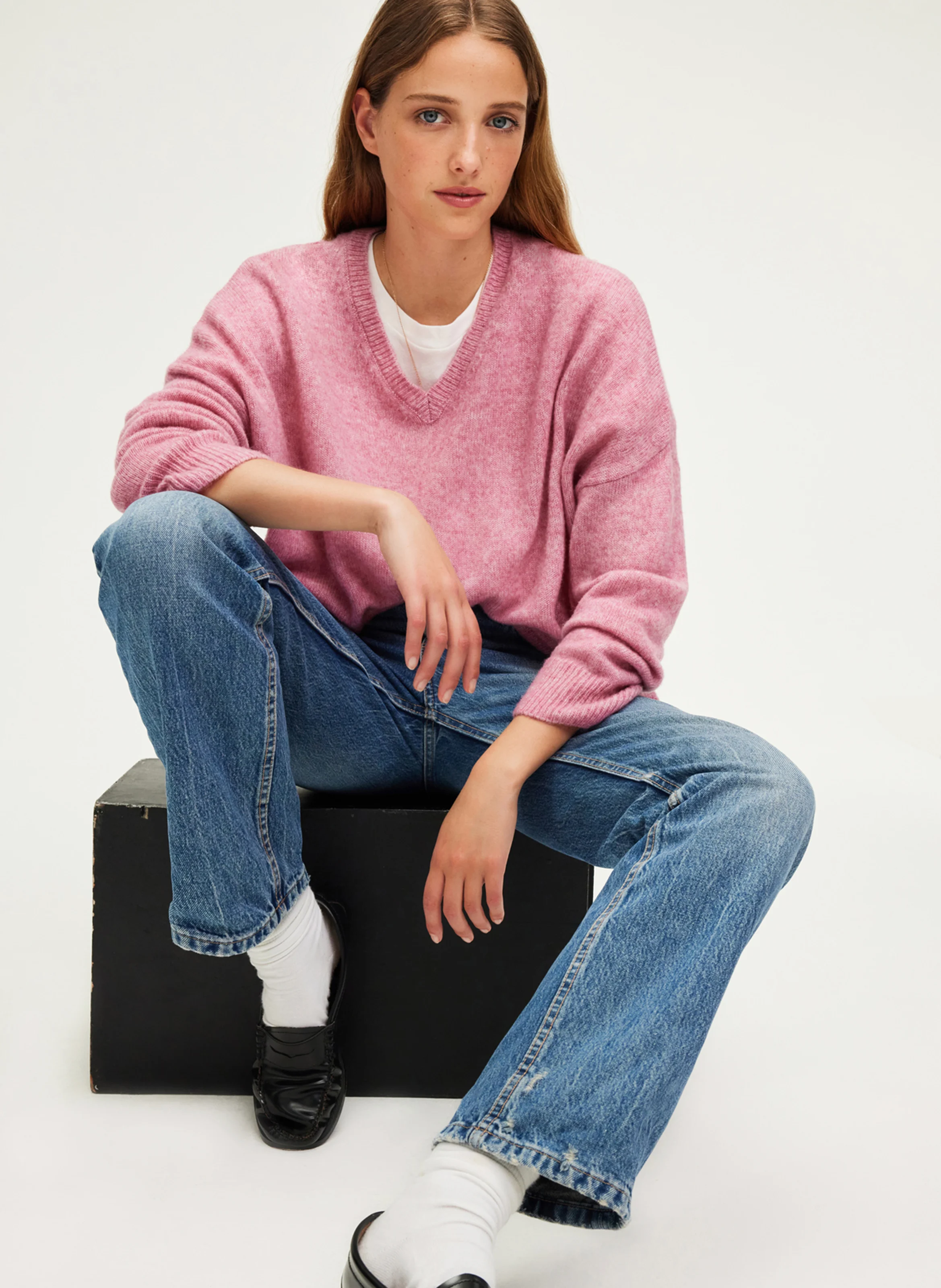JOURNA - Pull col V en laine mélangée | Rose