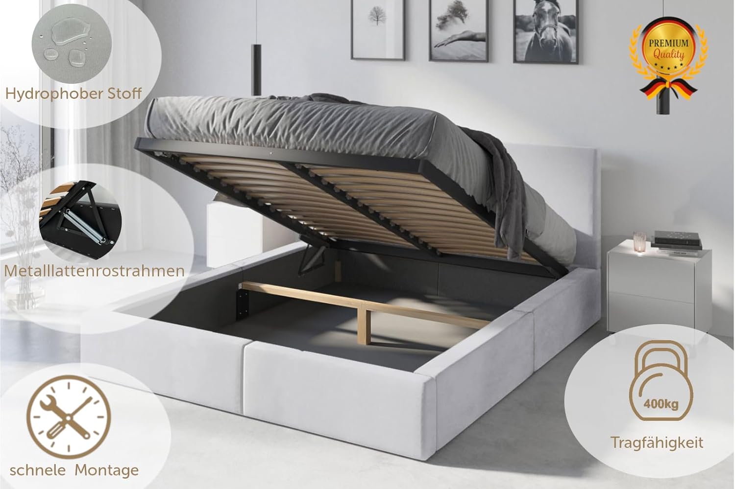 Interbeds Polsterbett 140x200 cm Bett Doppelbett mit Stauraum mit Lattenrost Bettkasten Boxspringbett hydrophob gepolsterter Bettrahmen (Weiß, 140x200cm)