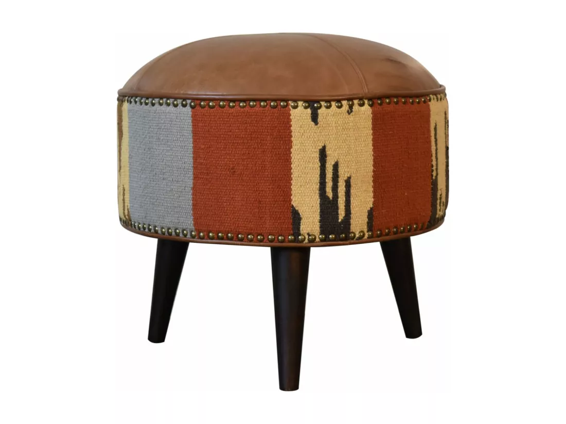 Pouf mixte en Durrie et cuir.