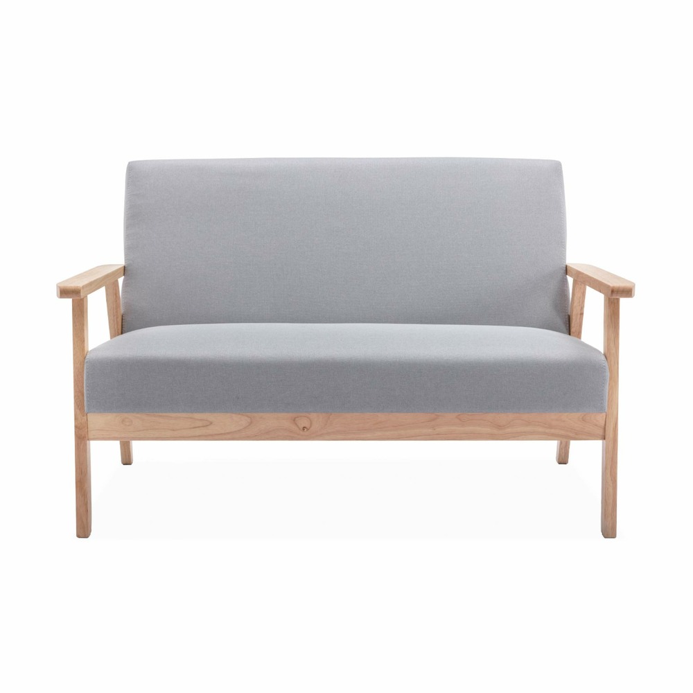 Banquette et fauteuil en bois et tissu gris clair. Isak. L 114 x l 69.5 x h 73cm