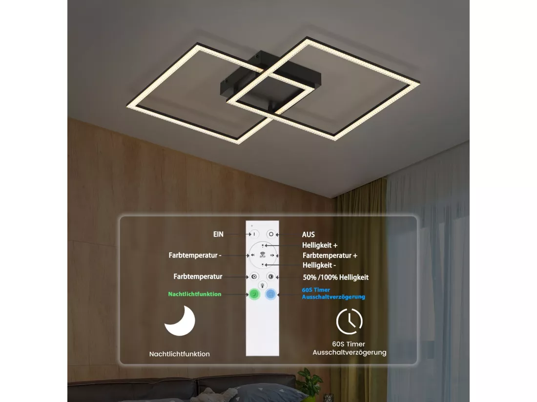 NETTLIFE Plafonnier LED plafonnier salon - lampe de salon lampe de cuisine dimmable 52W noir