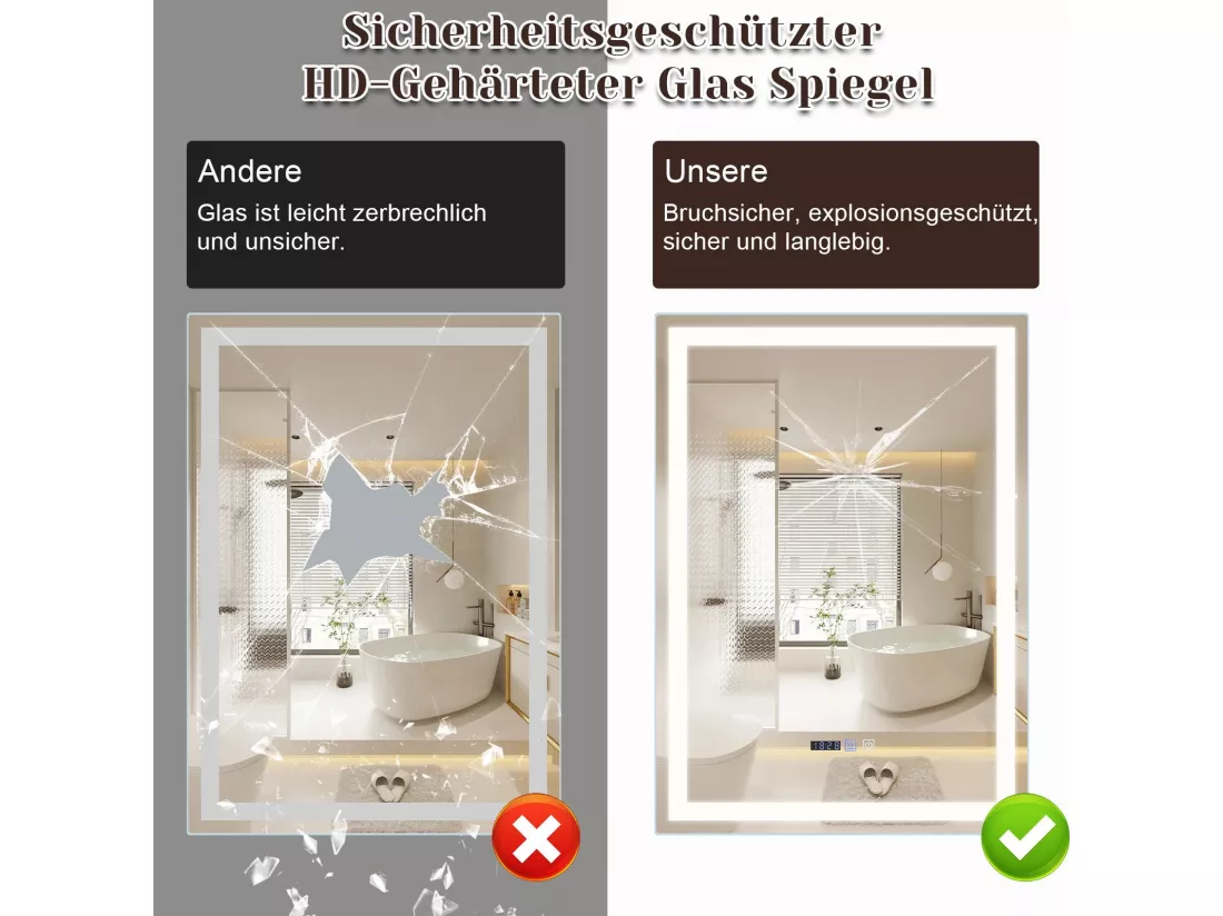 NETTLIFE Miroir lumineux salle de bain - 60x80 cm LED, mural, IP44, interrupteur tactile, horloge, réglable