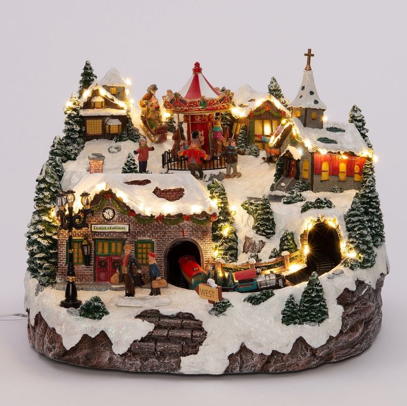 Intratuin - Kerstdorp Miniatuur - D 34 x 28 cm - Polyresin - 83 LED-lampjes