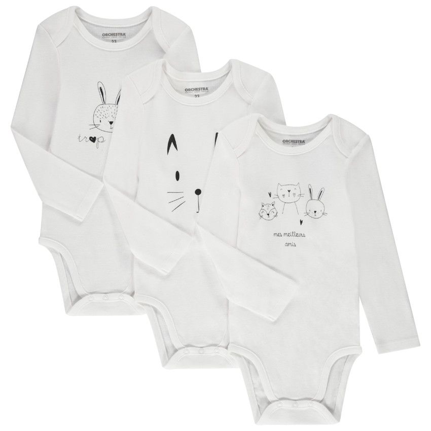 Lot de 3 bodies manches longues pour bébé avec ouvertures différentes selon l'âge - Ecru