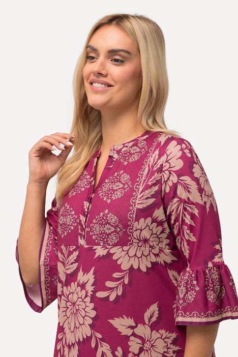 Minikleid, Blüten, A-Linie, V-Ausschnitt, 3/4-Arm