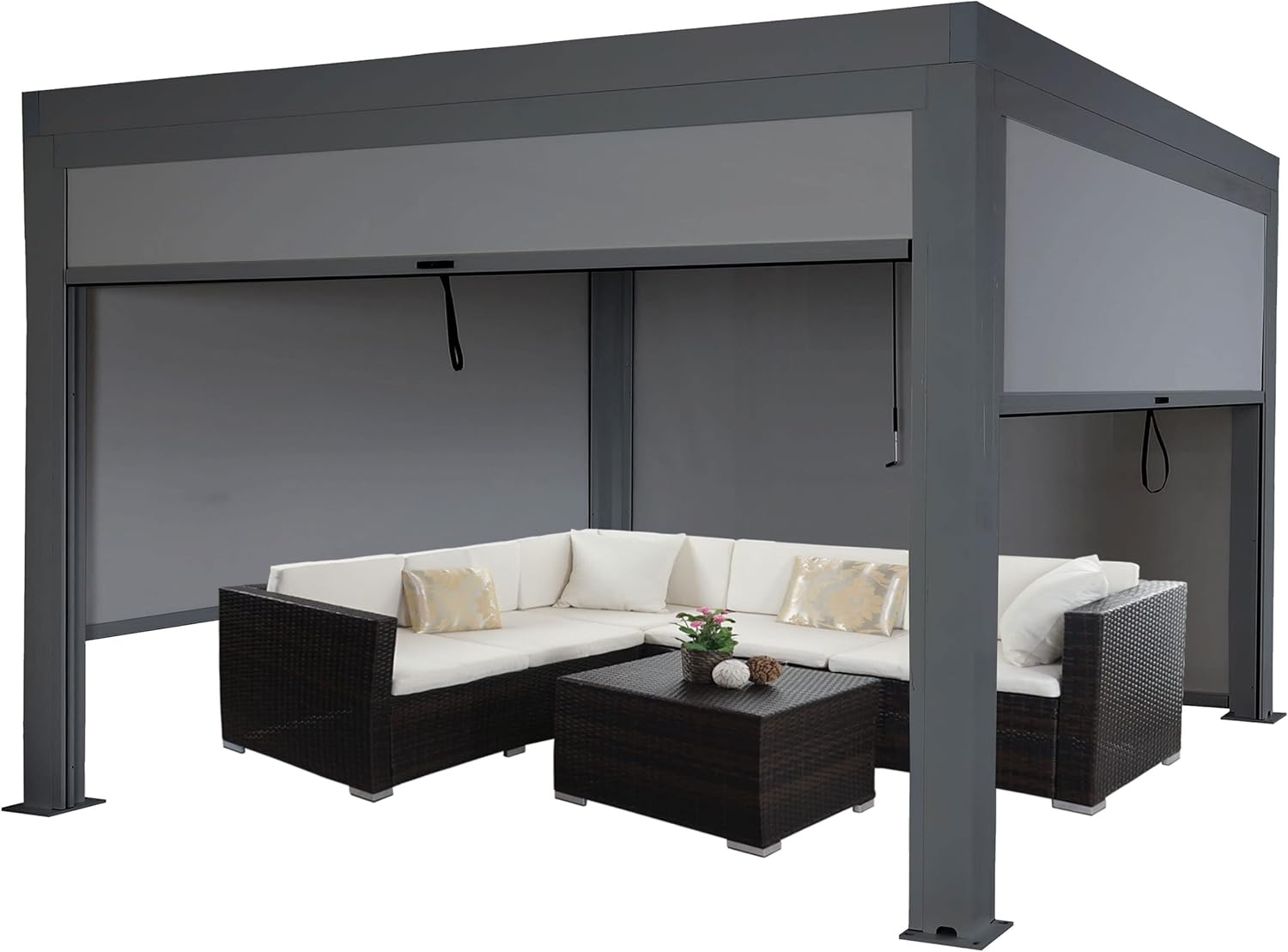 Pergola HWC-L46 mit Seitenwand, Gartenpavillon Lamellen-Pavillon Rollo, 11cm-Alu-Gestell, sturmfest 3x4m - anthrazit