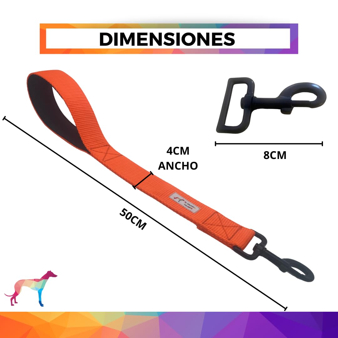 EGV - Guia curta para cães, 4 cm de largura, com alça de neoprene e mosquetão reforçado. 50 cm de comprimento. (Laranja)
