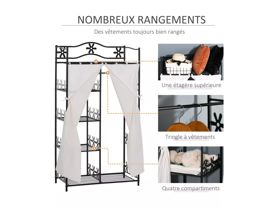 Armoire penderie multi-rangement - 5 étagères - dim. 84L x 42l x 158,5H cm - métal noir motif fleurs 2 rideaux blanc