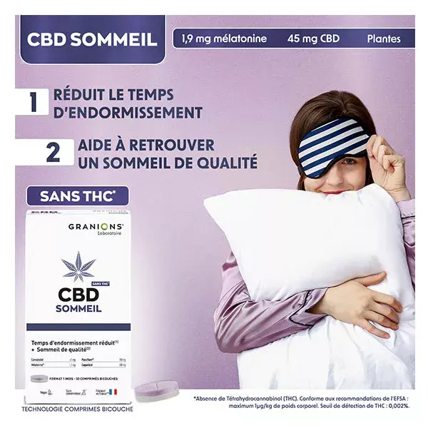 Granions CBD Sommeil - Cannabidiol + Mélatonine - Sans THC - 30 Comprimés