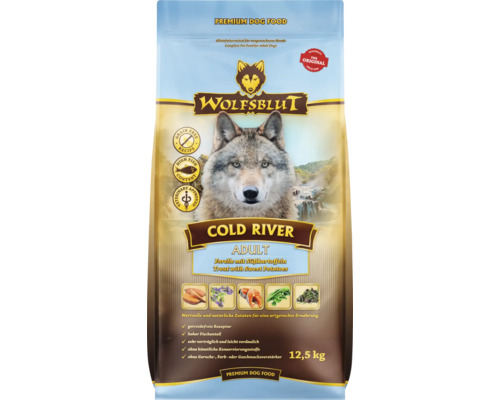 WOLFSBLUT Cold River Adult droog hondenvoer, forel en zalm met zoete aardappelen en waardevolle superfoods, graanvrij, glutenvrij, 12,5 kg