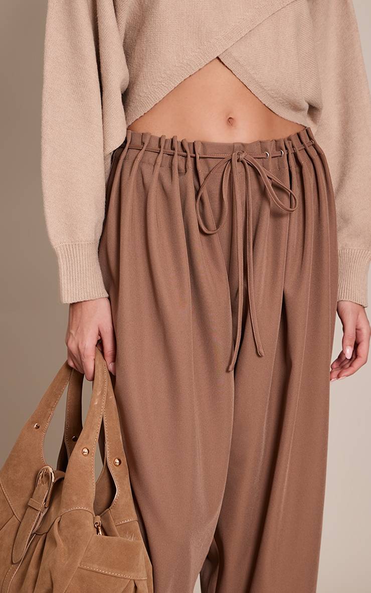 Light Brown Pantalon Large À Taille Œillets Et Plis