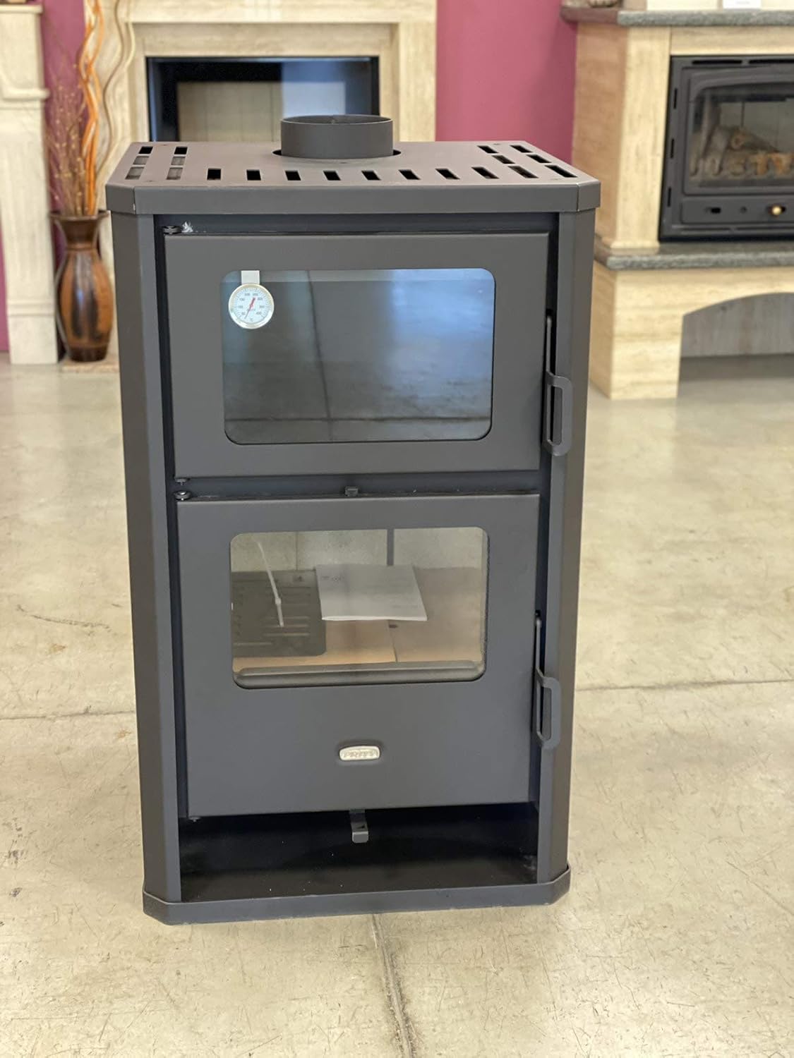 Prity FG D Kaminofen mit Backofen - 14 kW, Metall, Schwarz, Holz, Holzbriketts