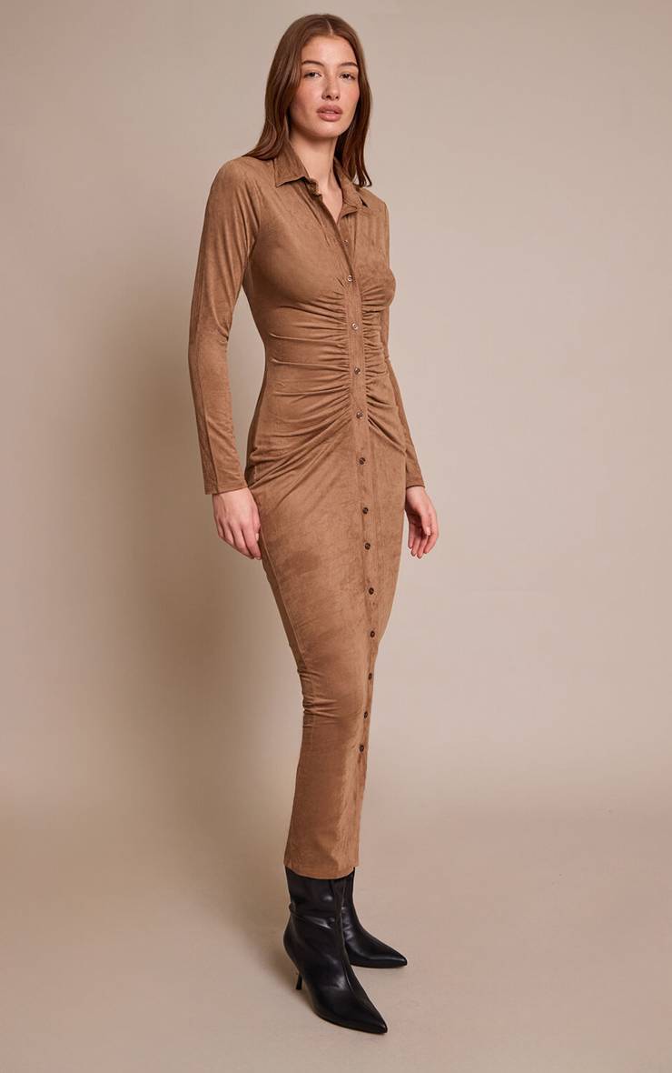 Chocolat Robe Maxi Boutonnée À Manches Longues En Synthétique Froncé