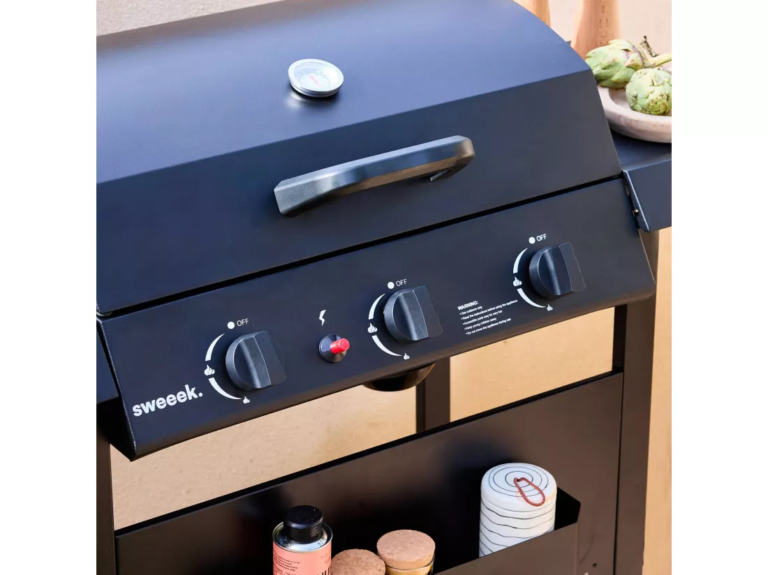 Barbecue au gaz Madeleine noir. 3 brûleurs. cuisine extérieure. L 109.5 x P 59 x H 125cm