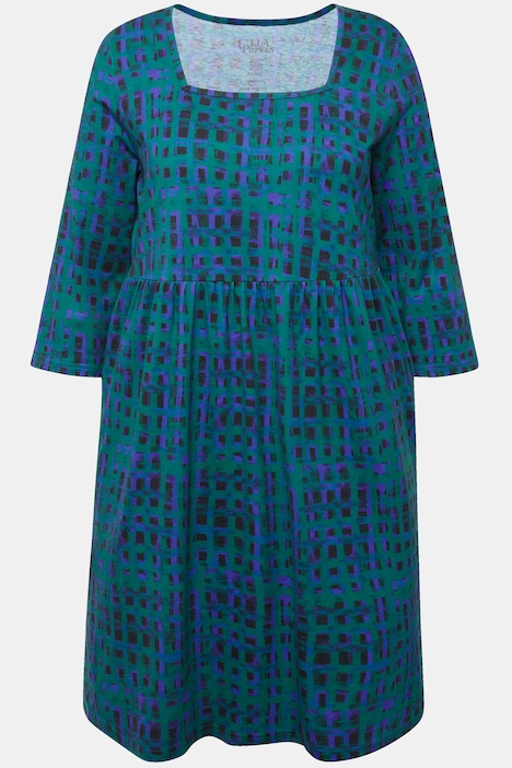 Longshirt, Karo, A-Linie, Carree-Ausschnitt, 3/4-Arm