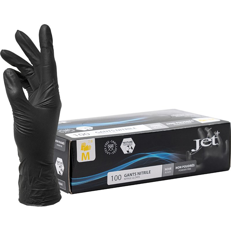 Gants jetables nitrile non poudré noir maxi grip indéchirables - Boîte de 100 gants
