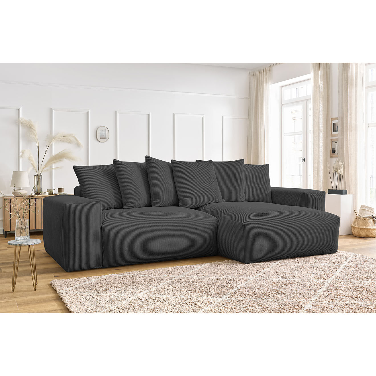 Bobochic Canapé d'angle réversible ultra moelleux voltaire velours côtelé gris foncé - 310x174x75 cm