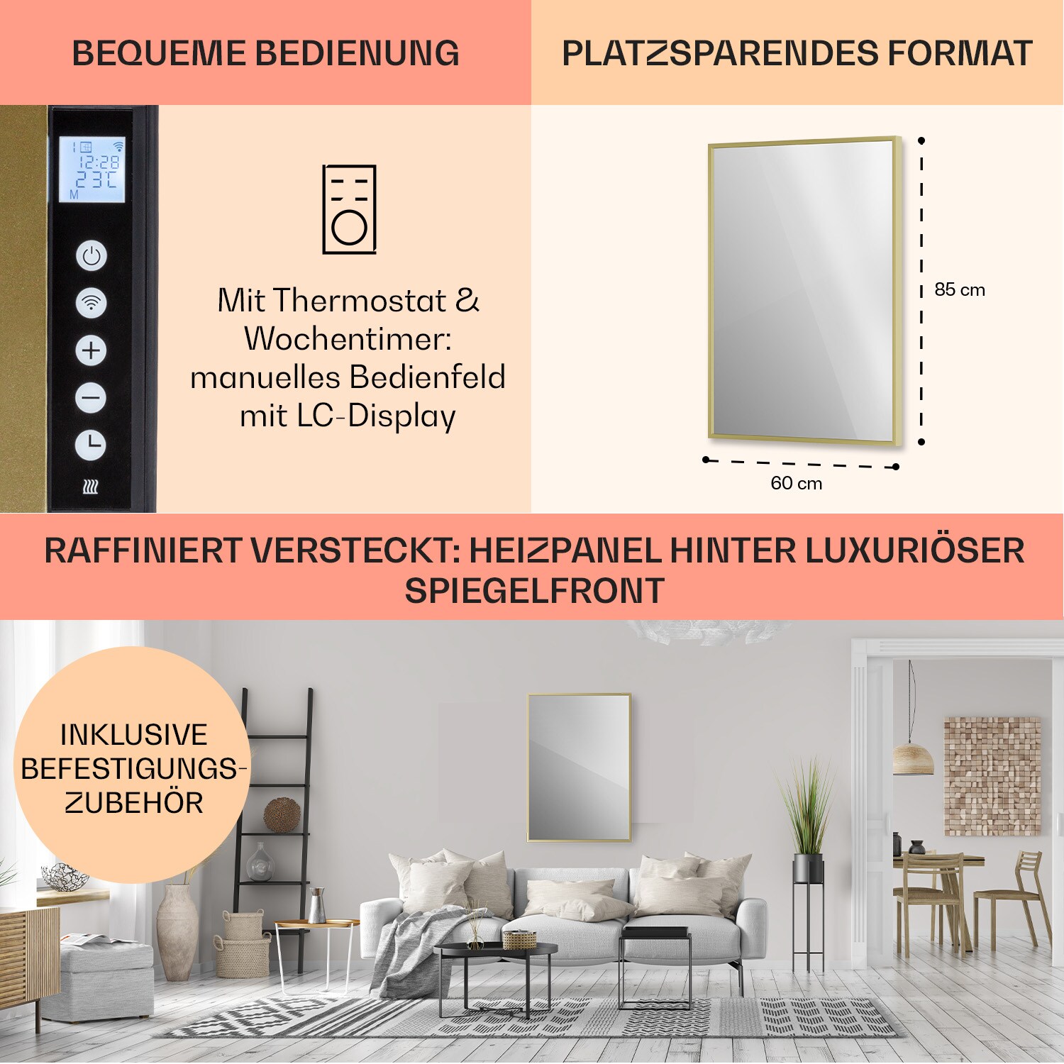 La Palma 750 smart 2-in-1 Heizgerät Infrarot Konvektor 85x60cm 750W Spiegelfront