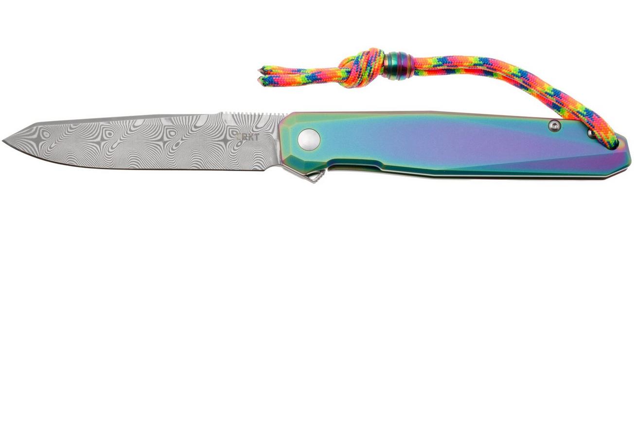CRKT Facet K231TDP Damascus, Iridescent Titanium Nitride Titanium, zakmes, Ken Onion design