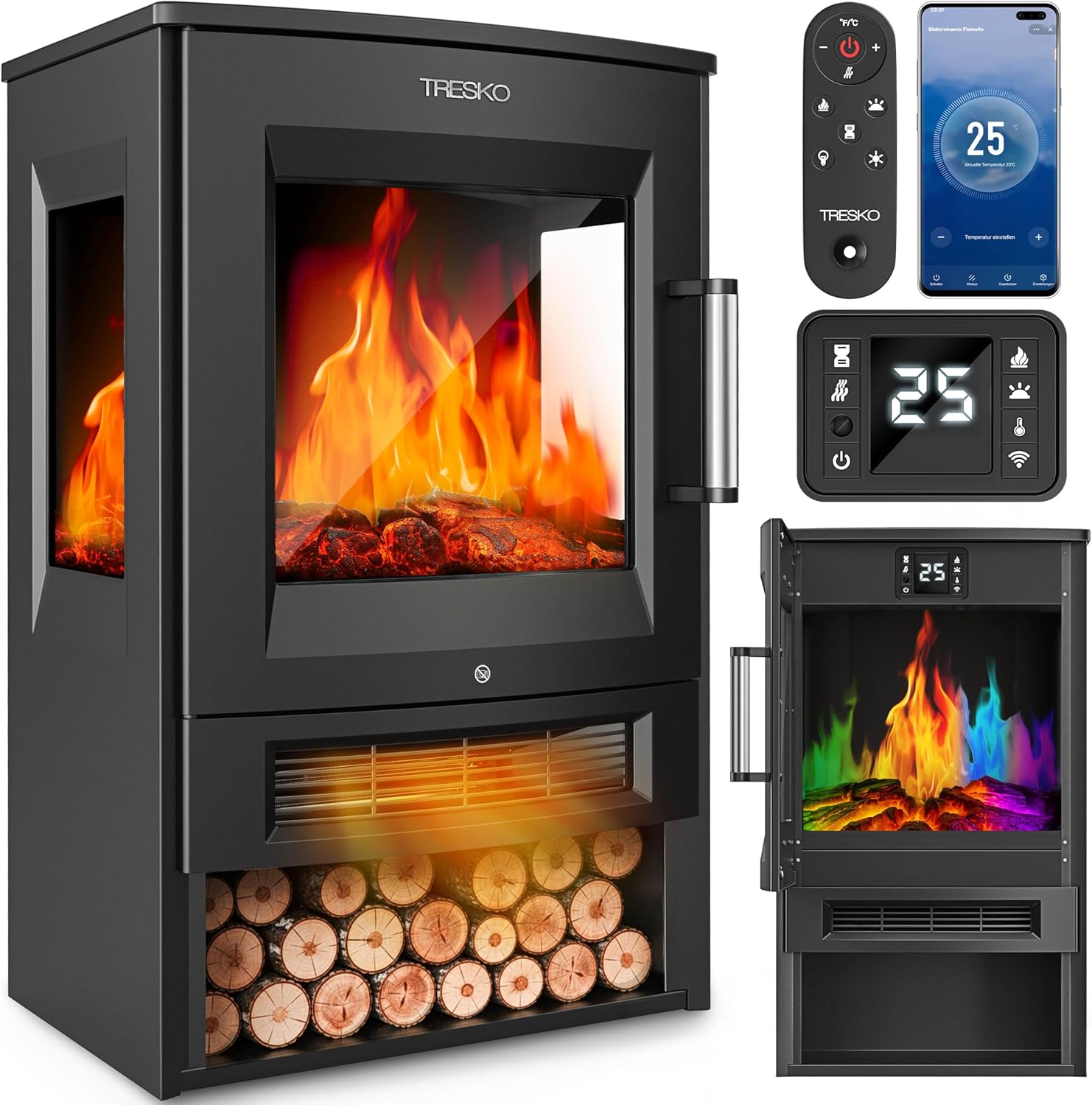 TRESKO® Elektrokamin mit Heizung inkl. Fernbedienung & WiFi App | Kamin elektrisch 1800W LED-Flammeneffekt Farbmodi | Kaminfeuer Thermostat, Timer | Elektro Kaminofen Standkamin 2 Heizstufen (Schwarz)