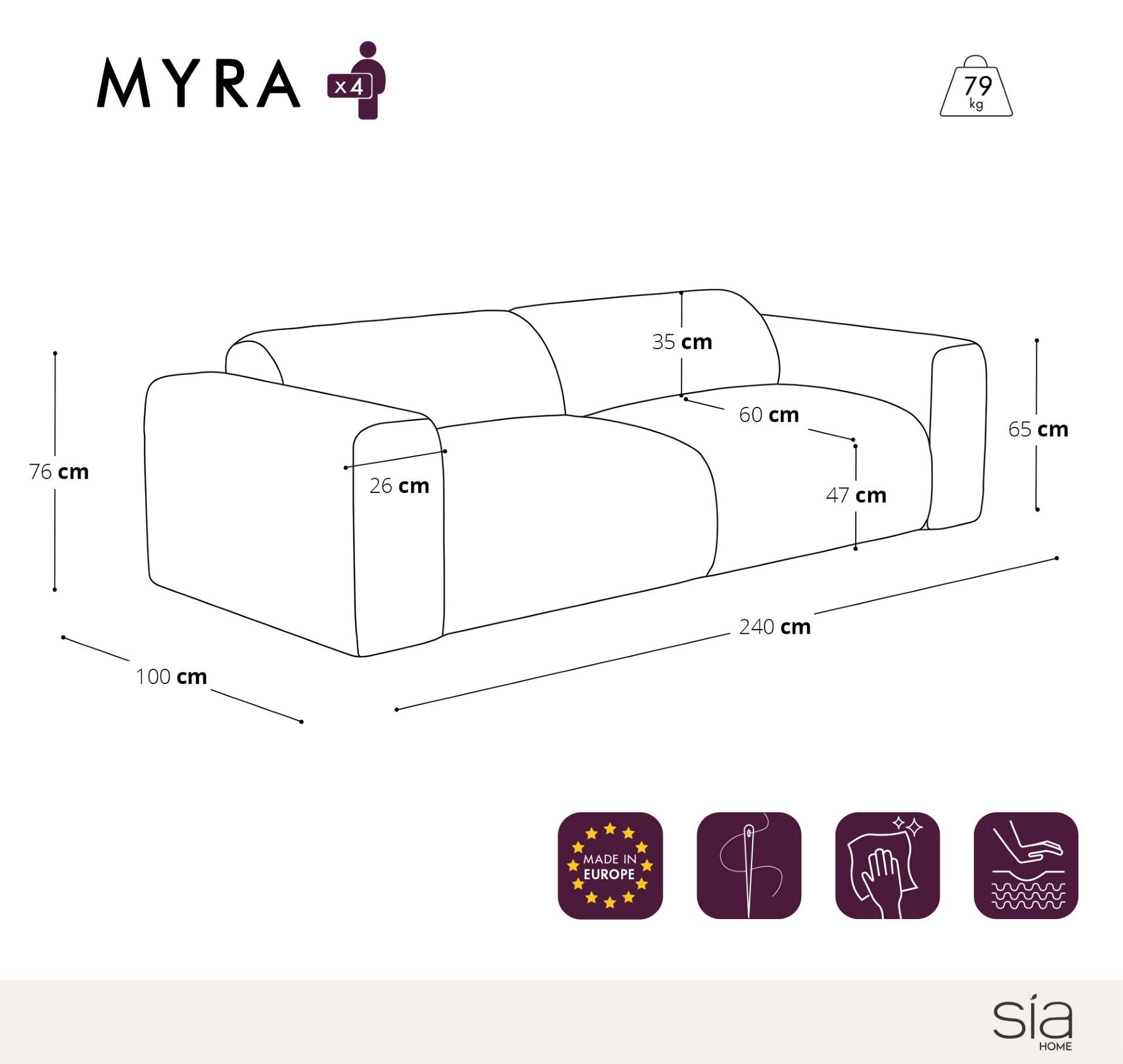 Rechte bank MYRA 4 personen Fluweel met structuur Beige