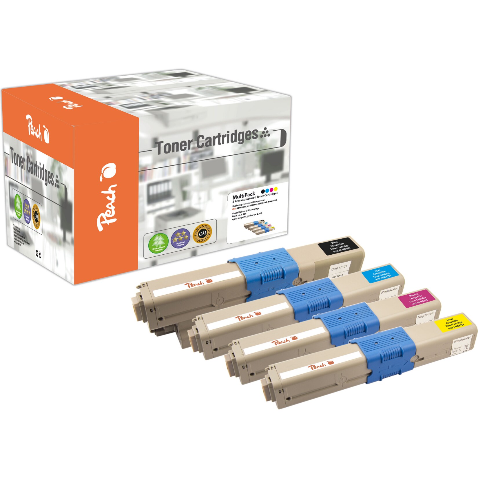 Peach O4446/4449 4 Toner (bk, c/m/y) ersetzt OKI 44469704-9803 für z.B. OKI MC 352 DN, OKI MC 362 DN, OKI C 310 DN, OKI C 330 DN, OKI C 331 DN (wiederaufbereitet)